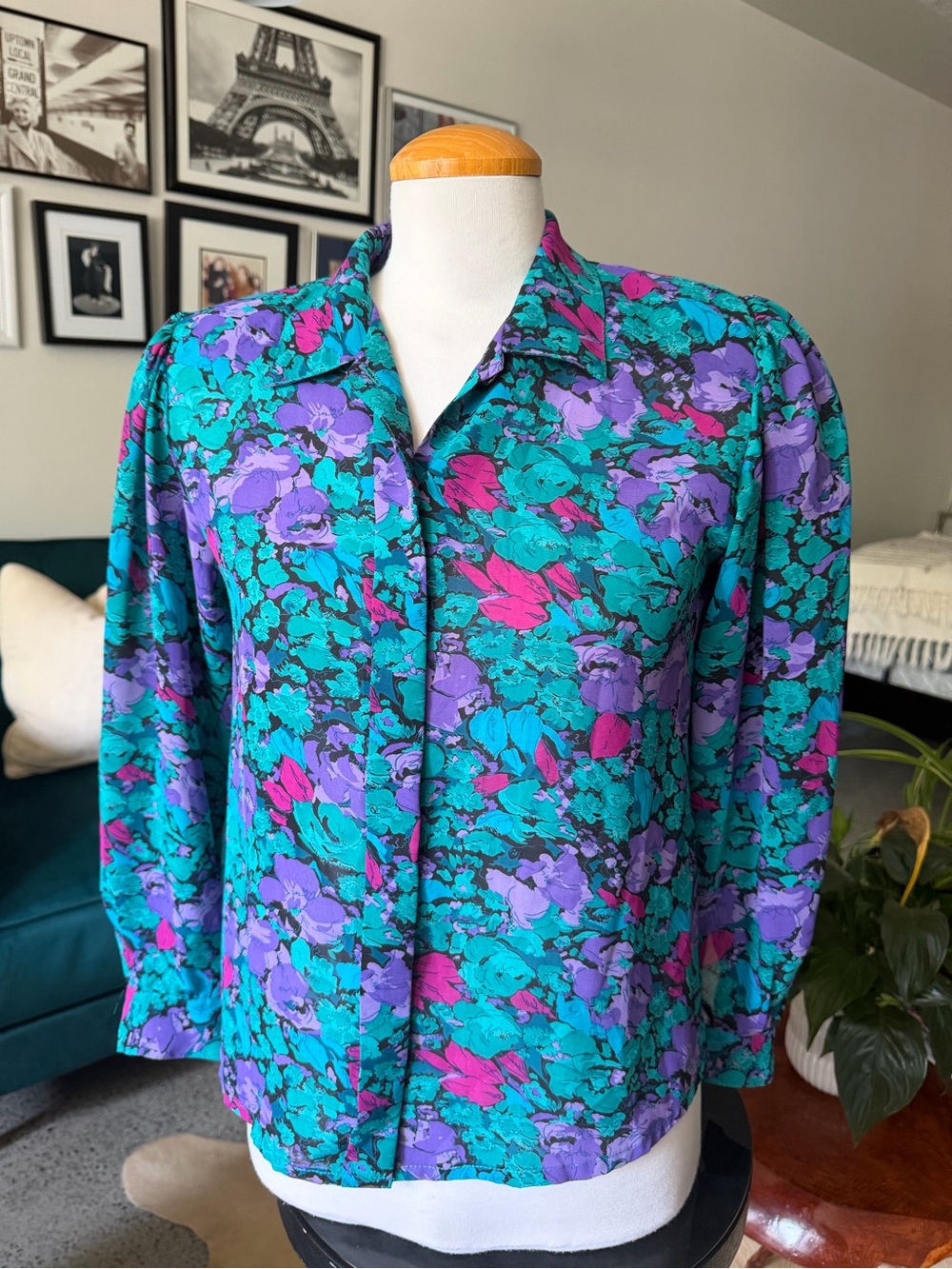 Floral Button-Up Blouse in Teal, Purple & Pink